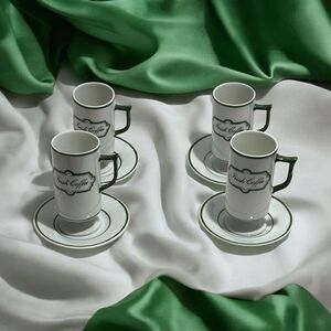 Vintage‎ Knobler Japan White & Green Irish Coffee Mug/Saucer -- Set of 4